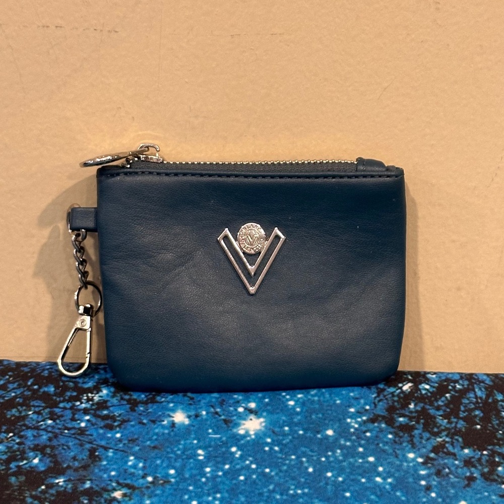 Valentino Navy Blue Leather Coin Purse Keychain V Logo Zip Pouch